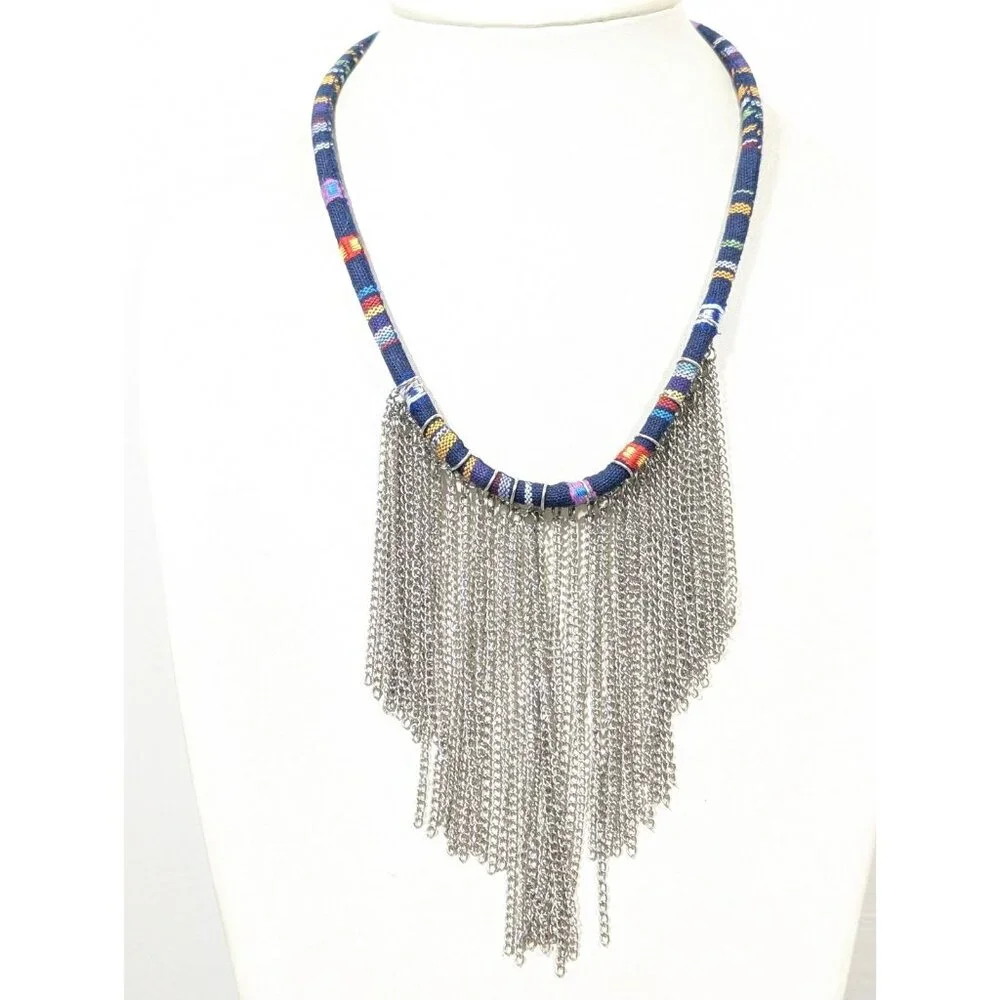 Boho Fringe Necklace Tribal Fabric Cord Waterfall Chain Statement Festival 23